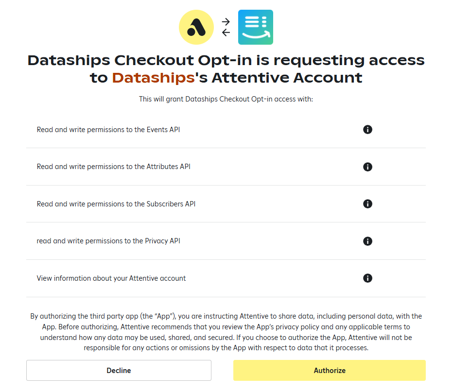 Attentive's authorisation screen — review the requested API permissions and click Authorize to connect Dataships