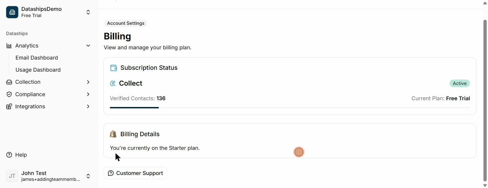The Billing screen — Subscription Status, Billing Details, and Customer Support sections