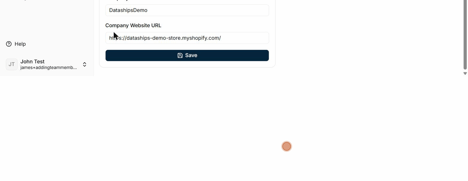 The Company Profile screen — update your company name and website URL