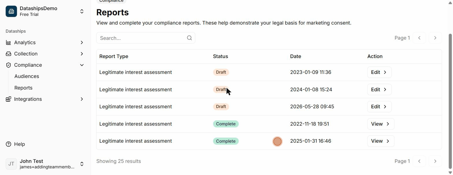 The Compliance Reports list and an open Legitimate Interest Assessment — showing Draft and Complete status badges and the full LIA content