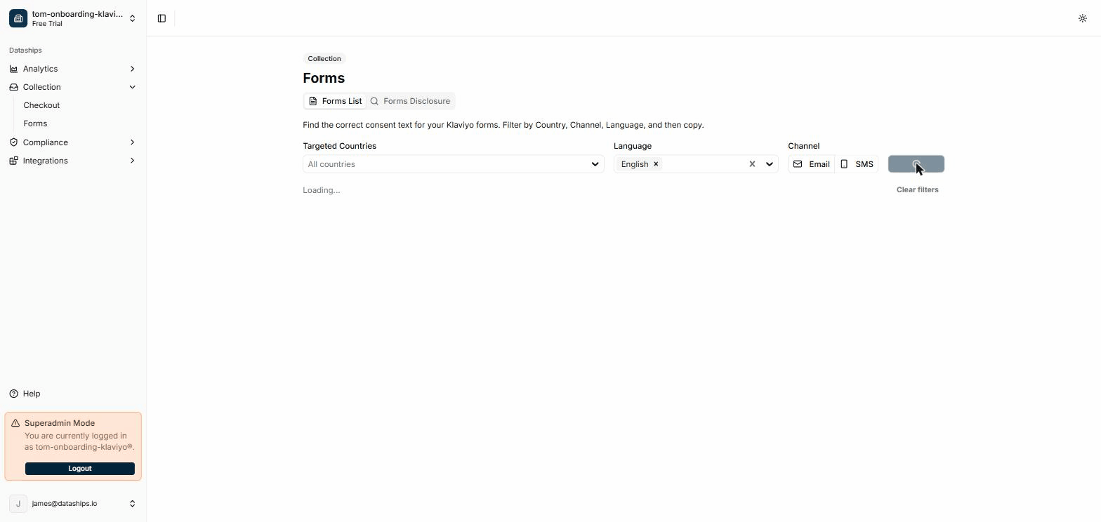 The Forms Disclosure tab — set your country, language, and channel filters, click Search, and expand a result card to see the consent text and the countries it applies to