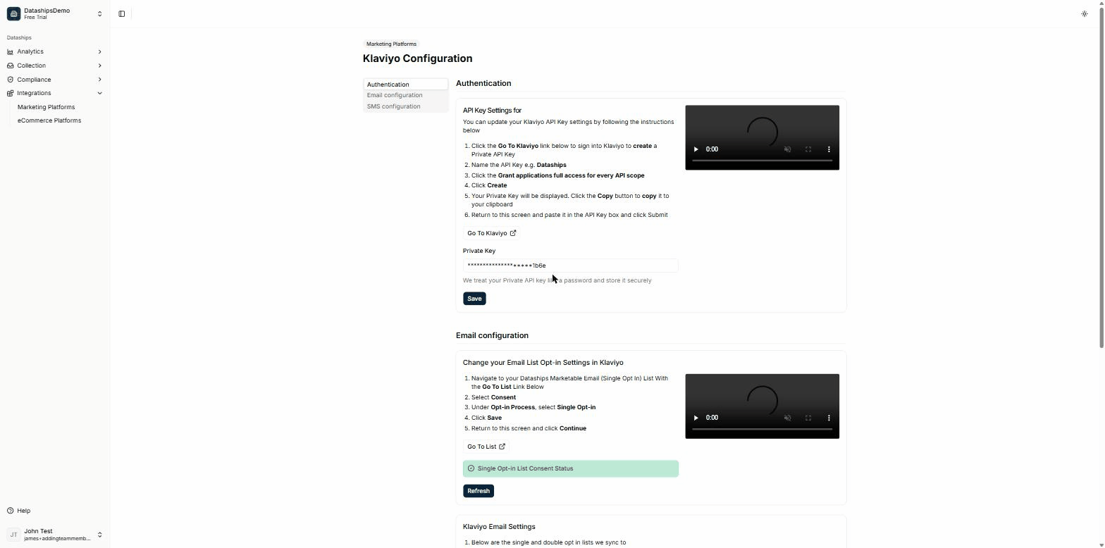 The Klaviyo Configuration screen — change your list's opt-in setting and confirm the consent status