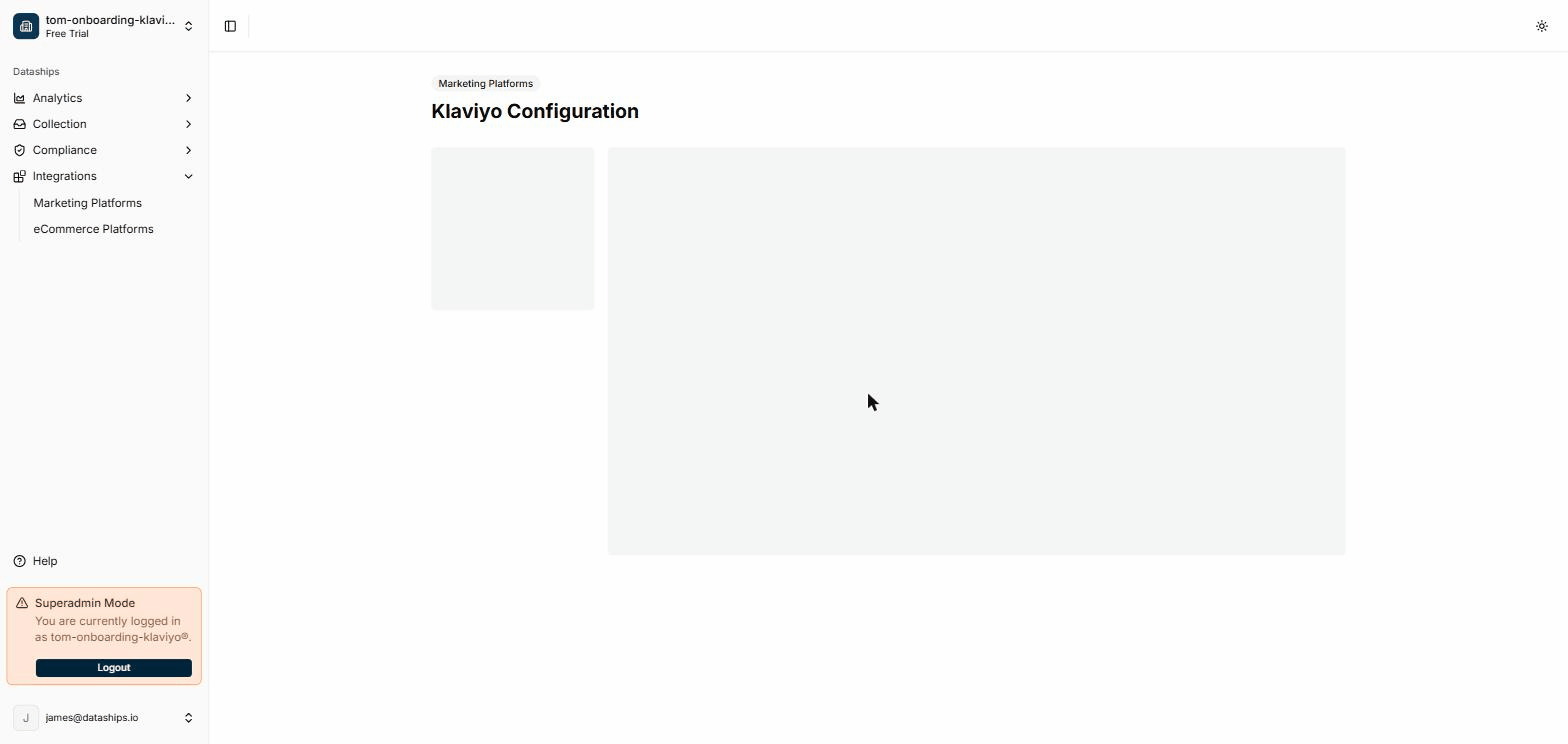 Klaviyo Email Settings — the Single Opt-in List and Double Opt-in List dropdowns used to choose which lists Dataships syncs to