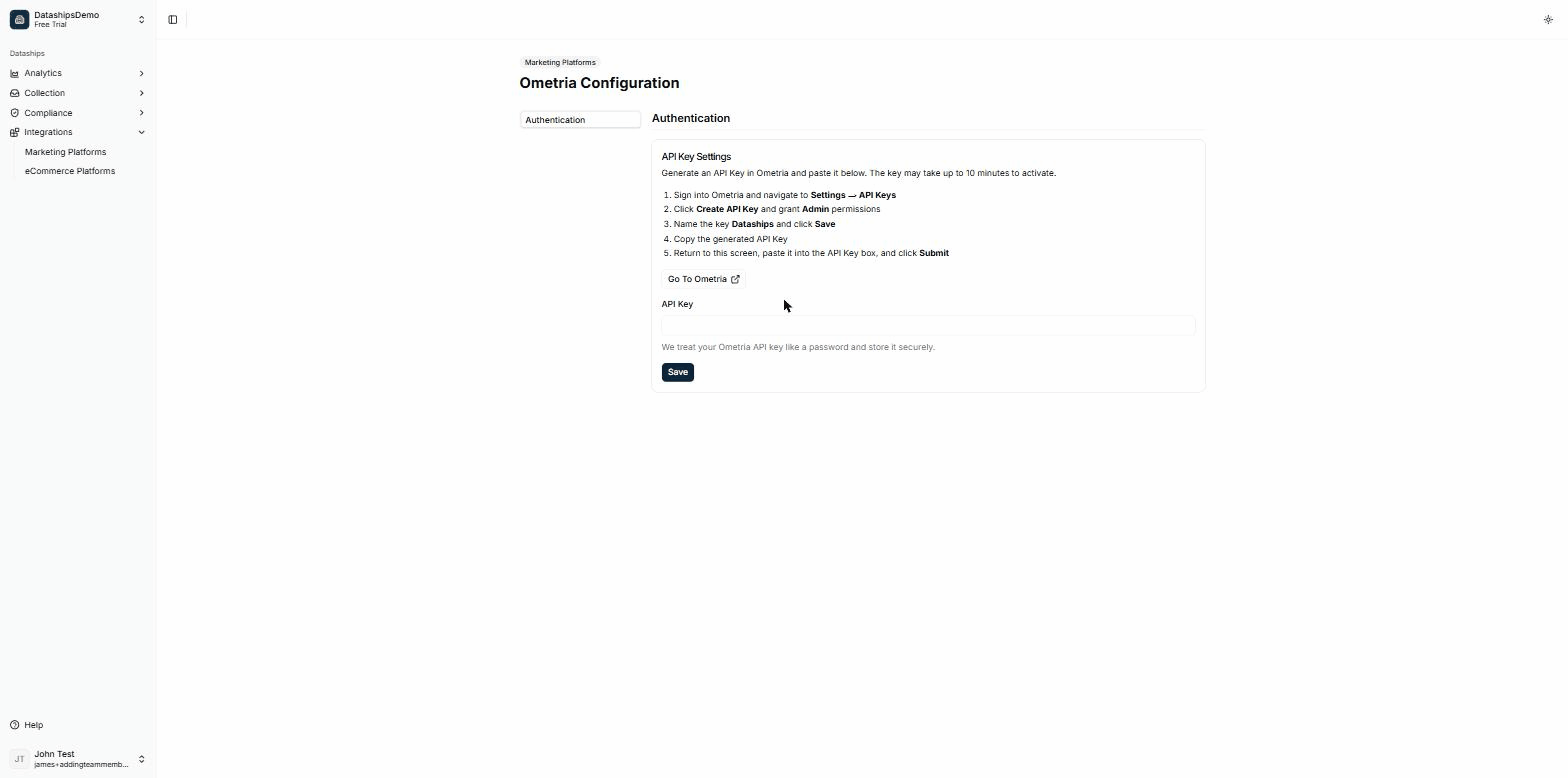 The Ometria Authentication screen — enter your API key and click Save