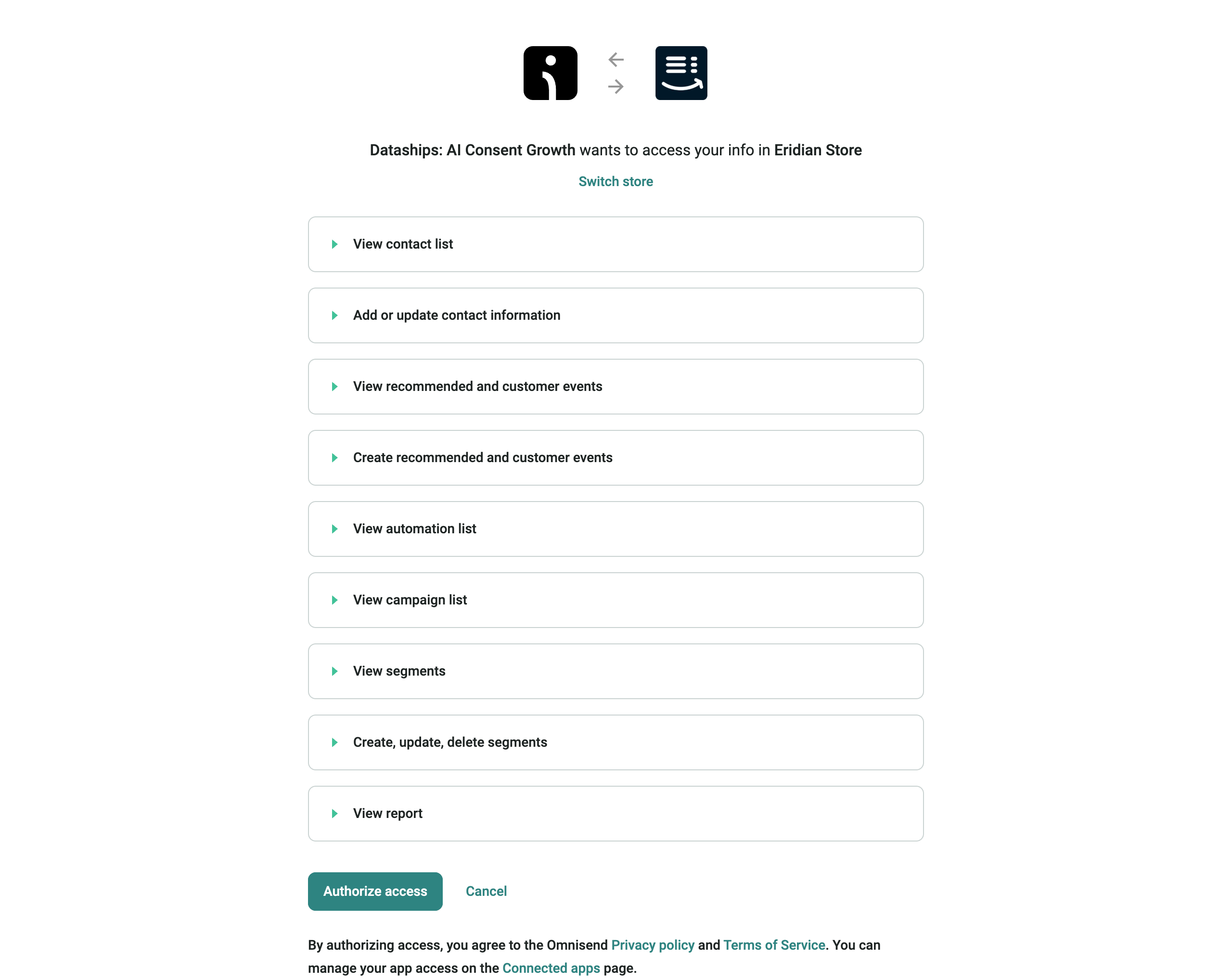 The Omnisend authorisation screen — review the requested permissions and click Authorize access to connect Dataships