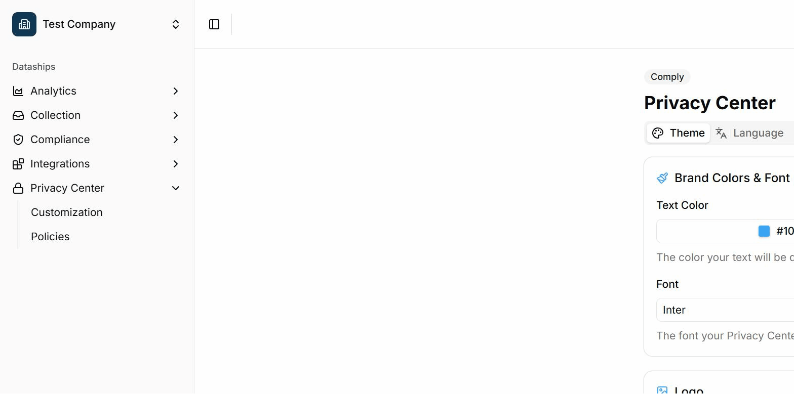 The Privacy Center Theme tab — set brand colours, font, logo and privacy email