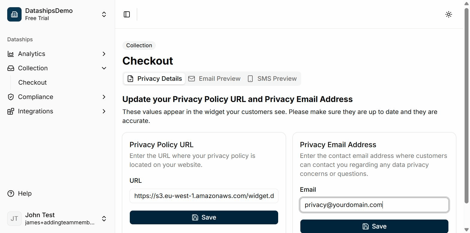 The Privacy Details screen — Collection > Checkout in the sidebar