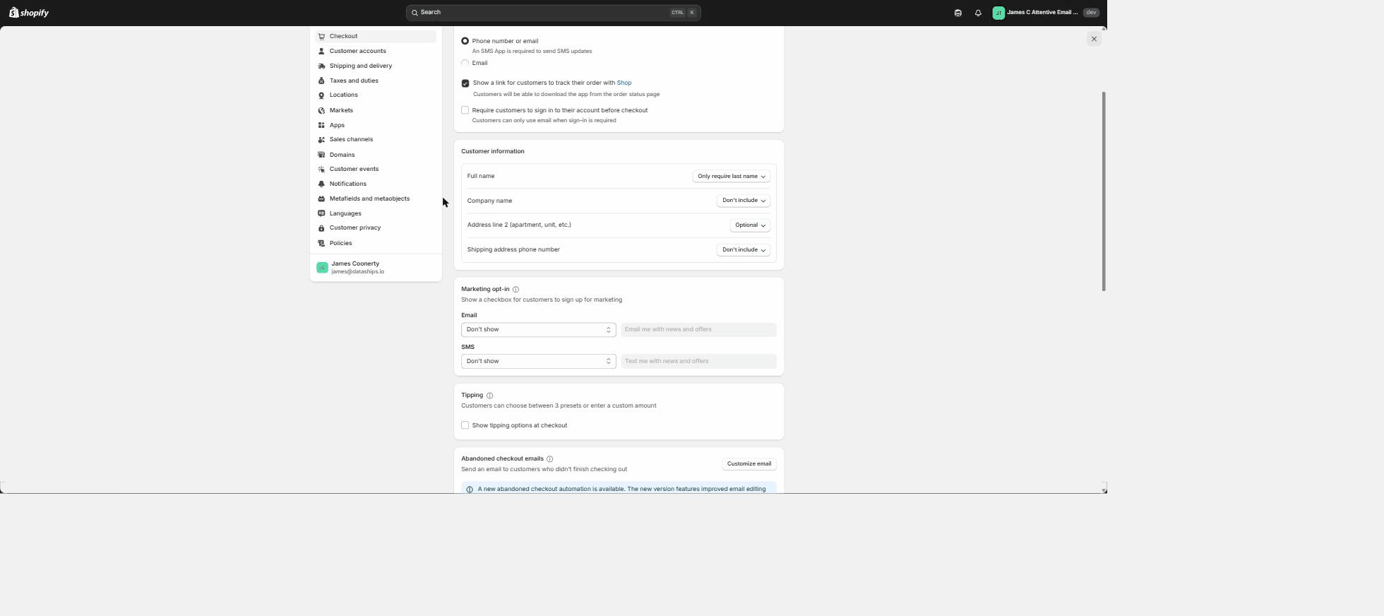 Shopify Admin Checkout Settings — the Configurations section with the Customize button, and Marketing opt-in set to Don't show