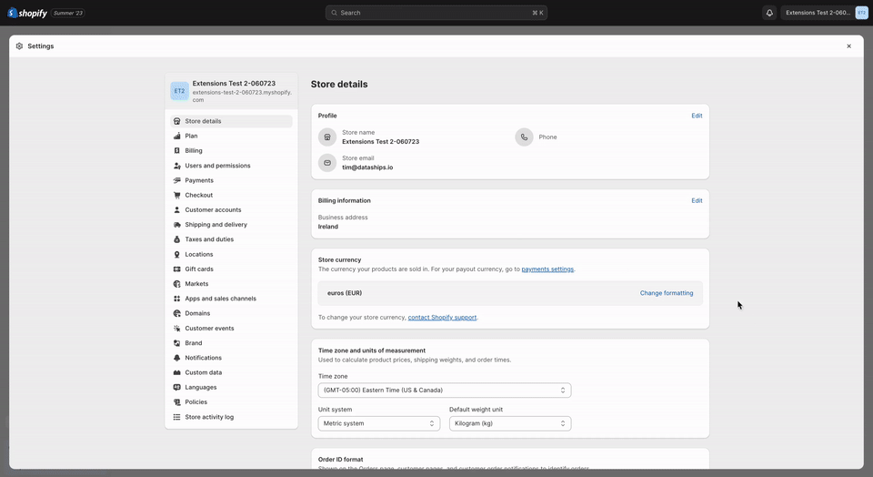 Shopify Plus installation instructions — four steps including adding the block to the Information page and enabling Shop Pay