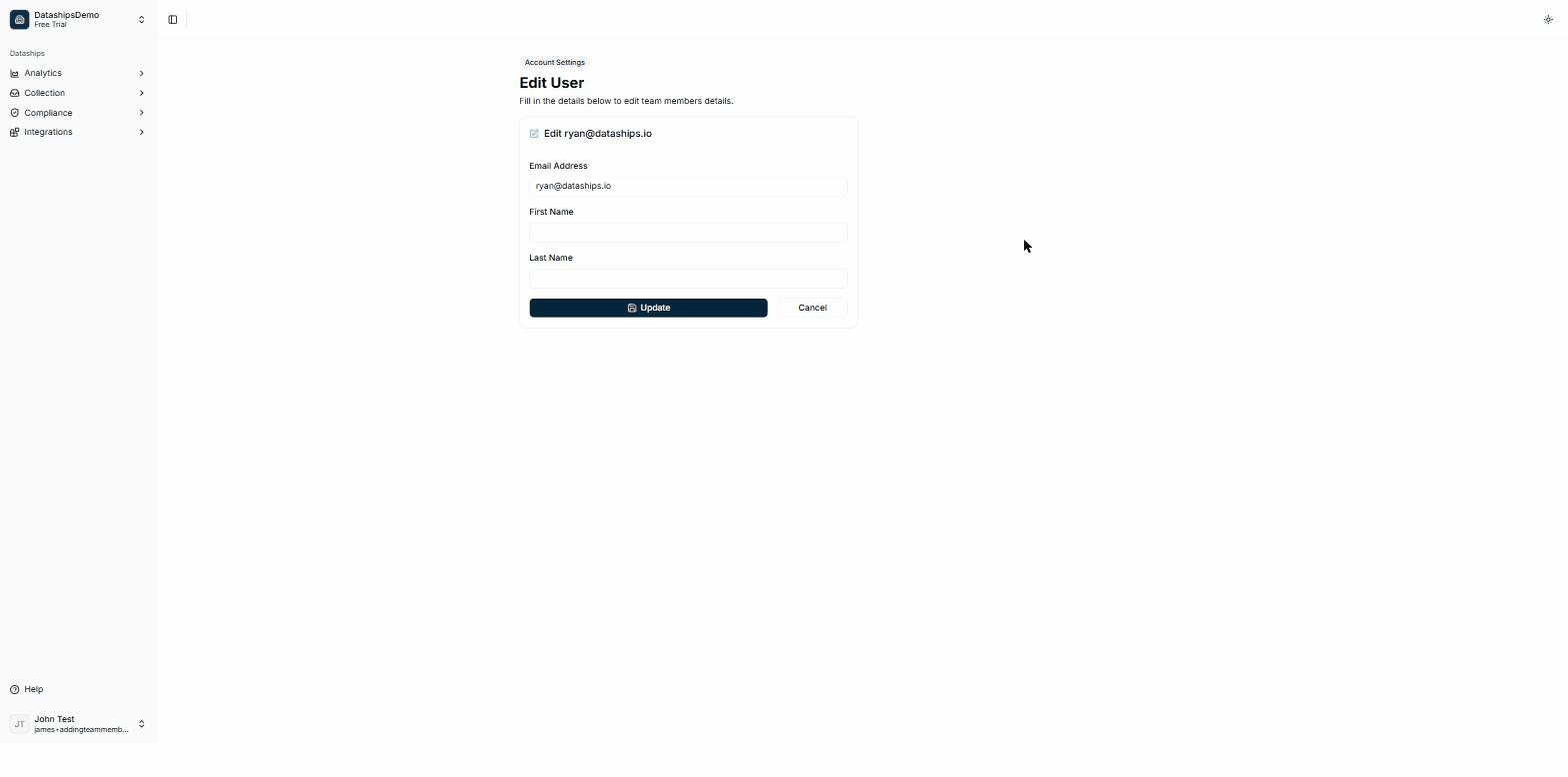 The Edit form with the member's email pre-filled and the Update button