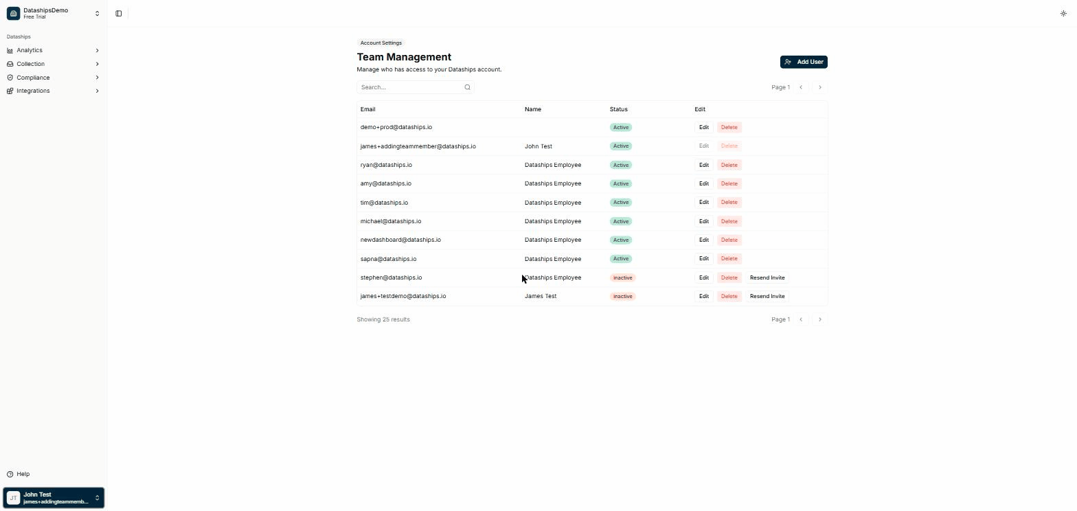 The Team Management list showing each member's email, name and status